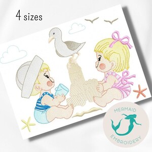 May include: Embroidered design of two children playing on the beach with a seagull. The girl is wearing a pink swimsuit and a bow in her hair. The boy is wearing a blue and white striped swimsuit and a sailor hat. The design includes a starfish, a cloud, and the text "4 sizes".