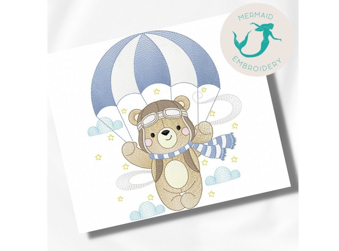 Aviator Bear Parachute Embroidery Design Boy Embroidery Design Machine
