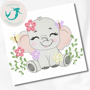 May include: Embroidered design of a cute gray elephant with pink ears, sitting among green leaves and colorful flowers. The elephant has closed eyes and a smile, with a butterfly above its head.