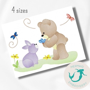 May include: Embroidered design featuring a brown teddy bear holding a blue flower and a purple bunny rabbit. The design includes yellow flowers, green grass, and blue and pink dragonflies.