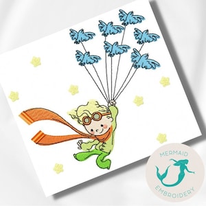 May include: A cartoon illustration of a boy wearing a scarf and goggles, holding onto strings attached to blue birds. The boy is flying through the air with stars in the background.