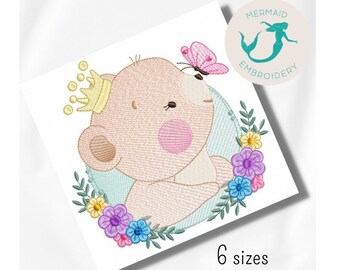Lindo diseño de bordado de oso, máquina de diseño de bordado de bebé, patrón de bordado de flores, descarga instantánea de archivos, diseño de bordado de recién nacidos