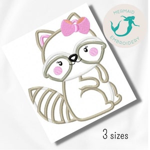 Raccoon Girl Applique embroidery design, baby embroidery design machine, animals embroidery pattern, file instant download, baby embroidery