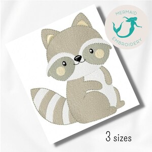 May include: A cute cartoon raccoon with a gray and white striped tail. The raccoon is sitting up and has a friendly expression on its face. The image is in a cartoon style and is perfect for embroidery projects.