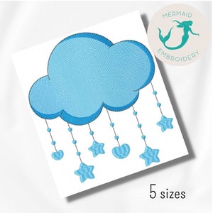 Peut inclure: Nuage bleu avec des étoiles et des cœurs qui pendent. Le nuage est souligné de bleu foncé et les étoiles et les cœurs sont également bleus. Le texte "5 tailles" est en bas de l'image.