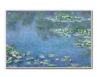 May include: A painting of a pond with water lilies. The water is a light blue color and the lilies are green with white flowers. The painting is done in a style that is reminiscent of Impressionism.