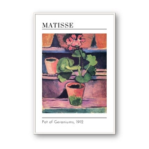 May include: A painting by Henri Matisse titled "Pot of Geraniums" from 1912. The painting depicts a pink geranium plant in a terracotta pot on a windowsill. The background is a vibrant mix of purple, orange, and blue.