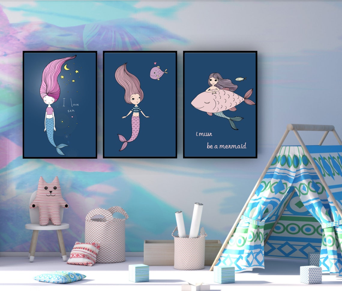 Framed Mermaid Art Mermaid Art Canvas 3 Panel Canvas Wall Etsy