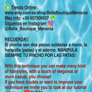 Pu&ograve; includere: Una grafica con testo in spagnolo e inglese che spiega come realizzare forcine per capelli. Il testo dice "BELLA BOUTIQUE MENORCA" e include un'icona di YouTube, un'icona di carrello della spesa e un'icona di telefono. Il testo dice anche "RECUERDA!!" e "REMEMBER!!"