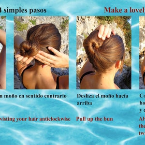 Pu&ograve; includere: Una guida passo passo su come realizzare un'acconciatura con un chignon. L'immagine mostra una donna con capelli lunghi e castani, che dimostra i passaggi per creare un chignon. Il testo dell'immagine dice "Hazte un bonito peinado en 4 simples pasos" e "Make a lovely hairstyle in 4 simple steps".