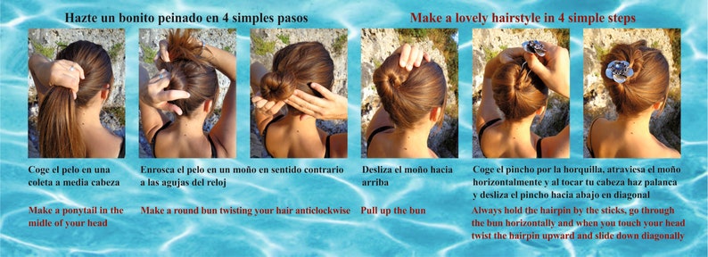 Pu&ograve; includere: Una guida passo passo su come realizzare un'acconciatura con un chignon. L'immagine mostra una donna con capelli lunghi e castani, che dimostra i passaggi per creare un chignon. Il testo dell'immagine dice "Hazte un bonito peinado en 4 simples pasos" e "Make a lovely hairstyle in 4 simple steps".