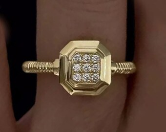 Natural Diamond Uniqe Style Engagement Ring 9K Gold Antique Style Diamond Wedding 9K Ring Octagon Shape Diamond Pave Proposal Ceremony  Ring