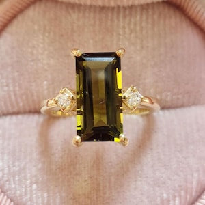Natural Green Tourmaline, Diamond Trilogy Engagement Ring 14K Tourmaline Baguette Classic Women Wedding Ring, Elongated Tourmaline Ceremony.