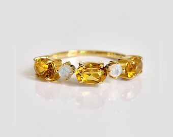 Citrine, Ethiopian Opal Alternative Eternity Band, 14K Gold Vintage Statement Band, Horizontal Set Citrine Wedding Ceremony Minimalist Band.