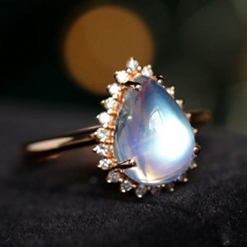 Rainbow Moonstone Wedding Ceremony Ring Moonstone Cabochon Classic shops Daily Worn Ring Women Dainty Pear Cabochon Halo Anniversary Gifted Ring.