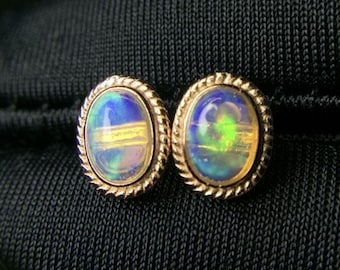 Natural Ethiopian Opal Cabochon Studs Earrings 925 Silver Rose Plated Vintage Opal Daily Worn Earrings Women Dainty Art Deco Opal Earrings.