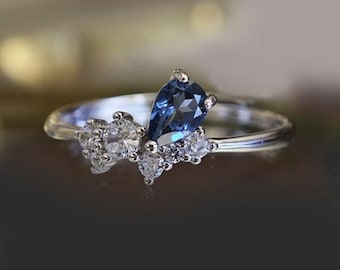 London Blue Topaz Unique Style Engagement Ring, 925 Silver Scattered Topaz Minimalist Wedding Ring, Pear Shape Valentine Women Gifted Ring.