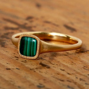 Malachite Minimalist Signet Ring 14K Satin Finished Valentine Proposal Ring Cushion Shape Malachite Daily Worn Matte Texture Engagement Ring