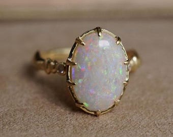 1900's Style Opal Cabochon Ring 14K Ethiopian Opal, Diamond Cocktail Ring, Art Deco Opal Engagement Ring Antique Filigree Opal Ceremony Ring