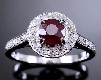Bague de fiançailles classique en rubis moissanite art déco de style édouardien, bague de fiançailles en rubis moissanite vintage pour femme, avec halo de rubis, Saint-Valentin.