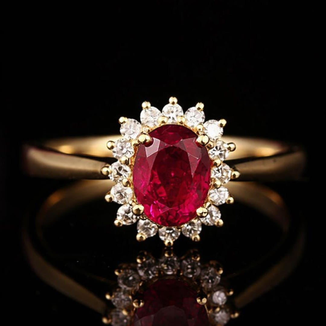 Lab Grown Ruby Engagement Ring 14K Gold Moissanite Halo, Pink Flower ...