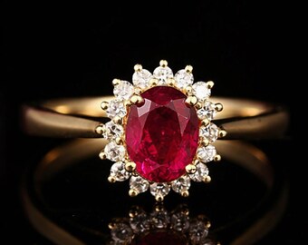 Lab Grown Ruby Engagement Ring 14K Gold Moissanite Halo, Pink Flower Valentine Gifted Ring, Handmade Gold Ruby Proposal Classic Ruby Oval.