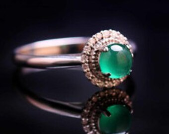 Lab Emerald Cabochon Contemporary Style Ring 14K Gold Emerald Floral Wedding Ring, Women Proposal Green Gemstone Halo Wedding Ceremony Gift.