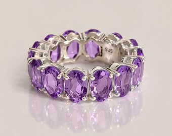 Amethyst Full Eternity Band, 925 Silver Purple Stone Cluster Band, Women Anniversary, Valentine, Retirement, Mother's Day Gifted Full Band.