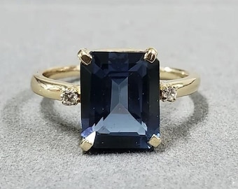 London Blue Topaz Cocktail Ring 925 Silver Emerald Cut London Topaz Anniversary Gift for Her, Octagon Shape Topaz Trilogy Ring for Mother's.
