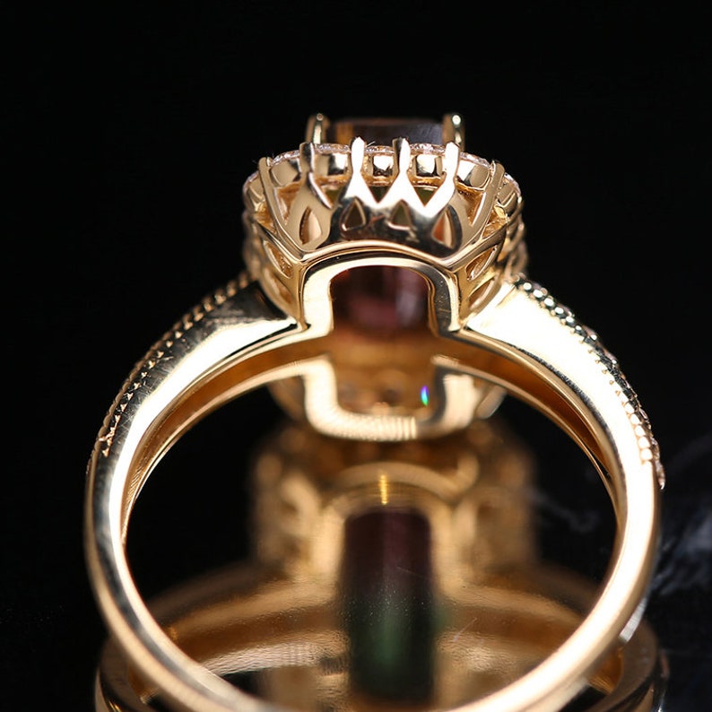 Watermelon Quartz Engagement Ring Rinbow Rectangle Quartz Wedding Ring Multi Color Stone Proposal Ring Art Deco Quartz Cz Halo Gifted Ring. image 4