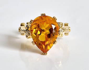 Antique Style Golden Citrine Cocktail Ring 14K Gold Vintage Filigree Shank Anniversary Ring, Handmade Citrine Party Wear Art Deco Gift Ring.