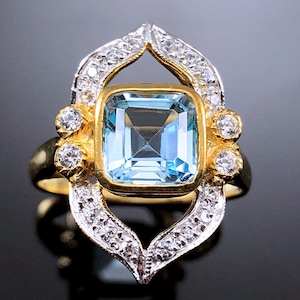 Antique Blue Topaz Cocktail Women Gifted Ring Emerald Cut Topaz Vintage Wedding Ring Art Deco Blue & White Topaz Anniversary Valentine Ring