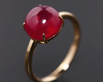 4.50 Carat Lab Ruby Cabochon Classic Ring 14K Gold Round Cabochon Ruby Cocktail Anniversary Gifted Ring July Birthstone Claw Setting Ring