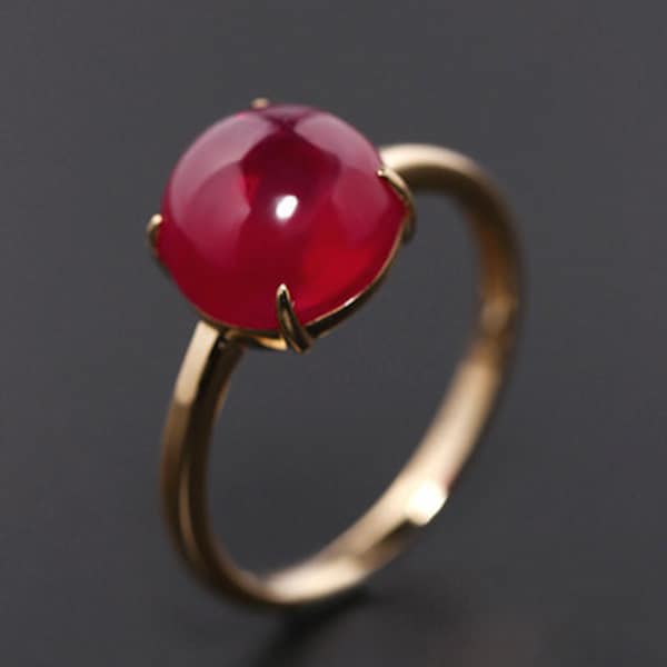 4.50 Carat Indian Ruby Cabochon Classic Ring 14K Gold Round Cabochon Ruby Cocktail Anniversary Gifted Ring July Birthstone Claw Setting Ring