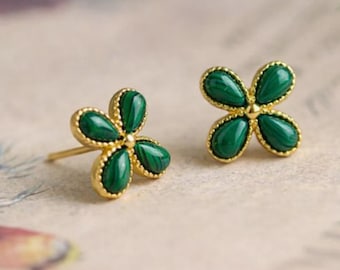 Malachite Flower Earrings 14K Gold Green Cabochon Stud Earrings, Women Dainty Daily Worn Vintage Malachite Earrings Handmade Style Malachite