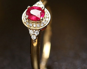 Natural Ruby Diamond Classic Engagement Ring 9K Minimalist Ruby Valentine Gifted Ring Diamond Halo Ruby Wedding Proposal Ring Ruby Gold Ring