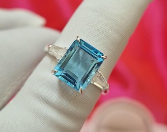 Swiss Blue Topaz Trilogy Wedding Ceremony Ring 925 Silver Emerald Cut Topaz Women Dainty Ring, Mother's Day Gifted Octagon Topaz Anniversary