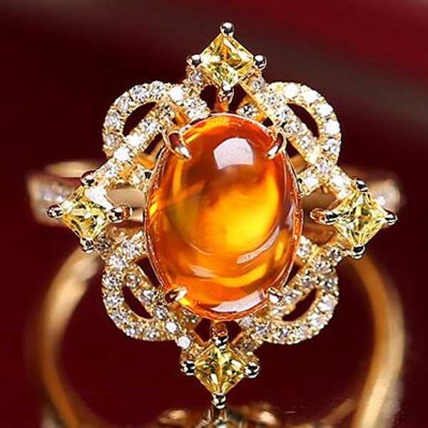 Natürlicher Feueroopal Hochzeitsring Art Deco Opal Verlobungsring Vintage Zirkonia Halo Opal Ring Opal Cabochon Frauen Jahrestag 14K Geschenk
