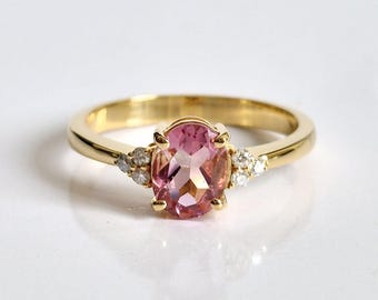 Pink Tourmaline, Diamond Classic Engagement Ring, 14K Gold Oval Tanzanite Valentine Proposal Ring, Daily Worn Tourmaline Anniversary Gifted.
