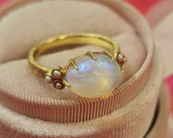 Art Deco Ethiopian Opal Cabochon Anniversary Gifted Ring 14K Brushed Texture Vintage Style Opal, Pearl Women Dainty Ring, Vintage Opal Ring.