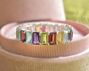 Emerald Cut Gemstone Eternity Band 925 Silver Rainbow Color Stone Wedding Band Octagon Shape Multi Stone Full Eternity Classic Women Band.