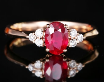 Lab Grown Ruby, Moissanite Classic Engagement Ring 14K Gold Oval Ruby Wedding Gifted Ring Women Dainty Ruby Anniversary Ring 14K Rose Gold.