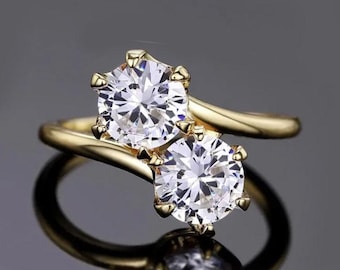 Moissanite Couple Ring 14K Gold By Pass Style 2 Carat Moissanite Solitaire Wedding Proposal Ring, Vintage Moissanite Engagement Ring for Her