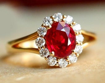 Lab Grown Ruby, Moissanite Halo Engagement Ring 14K Gold Vintage look Ruby Wedding Ring Split Shank Ruby Art Deco Oval Ruby Floral Gift Ring