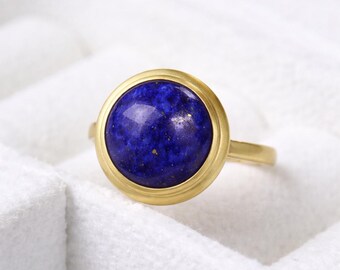 Lapis Lazuli Cabochon Ring, Bezel Setting Healing Stone Ring, Handmade Lapis Anniversary, Retirement Gift for Women Art Deco Blue Stone Ring