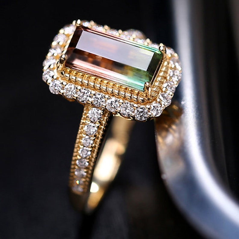 Watermelon Quartz Engagement Ring Rinbow Rectangle Quartz Wedding Ring Multi Color Stone Proposal Ring Art Deco Quartz Cz Halo Gifted Ring. image 5