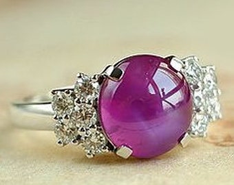 Ruby, Moissanite Art Deco Engagement Ring Women Dainty Ruby Cabochon Anniversary Gifted Ring Vintage Ruby Wedding Ring Ruby Estate Ring.