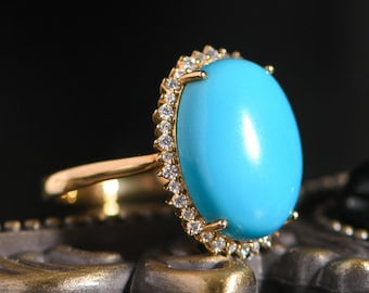 11.00Ct Stablized Turquoise Cabochn Ring 14K Turquoise Cabochon CZ Halo Anniversary Ring, Women Dainty Blue Turquoise Ceremony Gifted Ring.