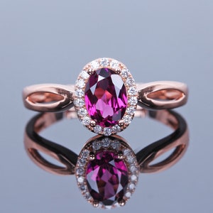 Rhodolite Garnet Oval Engagement Ring 9K Oval Rhodolite Halo Proposal Ring, Women Dainty Classic Wedding Proposal Split Shank Valentine Ring