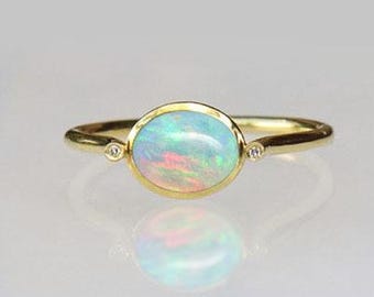 Minimalist Ethiopian Opal, Diamond Trilogy Engagement Ring 14K Horizontal Set Opal Valentine Proposal Ring, Bezel Opal Women Wedding Gifted.